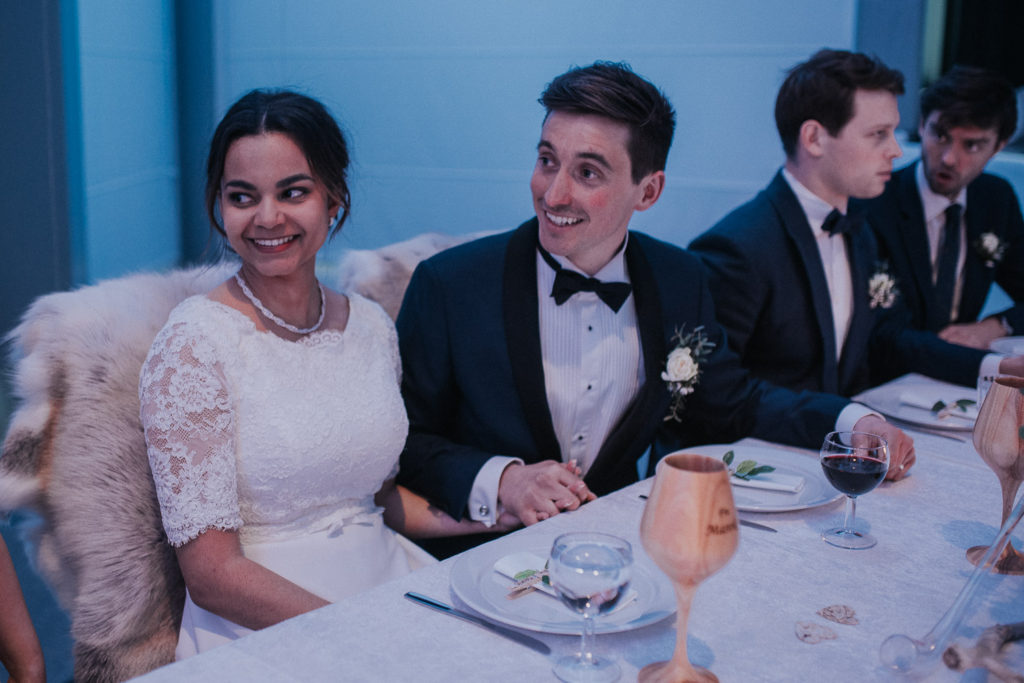 Happy bride and groom at their wedding party