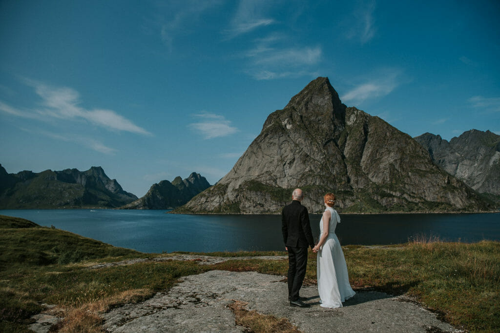 Destination wedding in Lofoten Norway by the fjords and mountains 