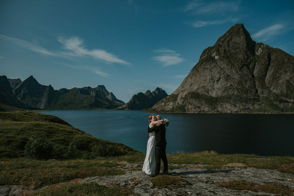 Bride hugging the groom after eloping in Lofoten islands