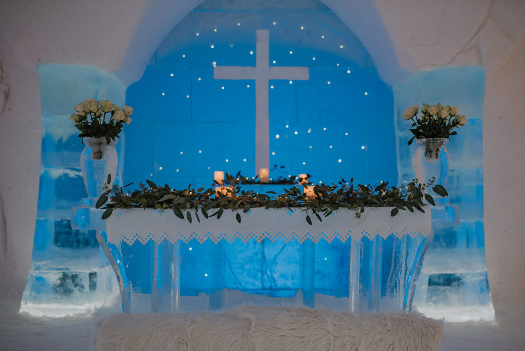 Ice chapel at Ice Hotel Sorrisniva Alta Norway is ready for a wedding day