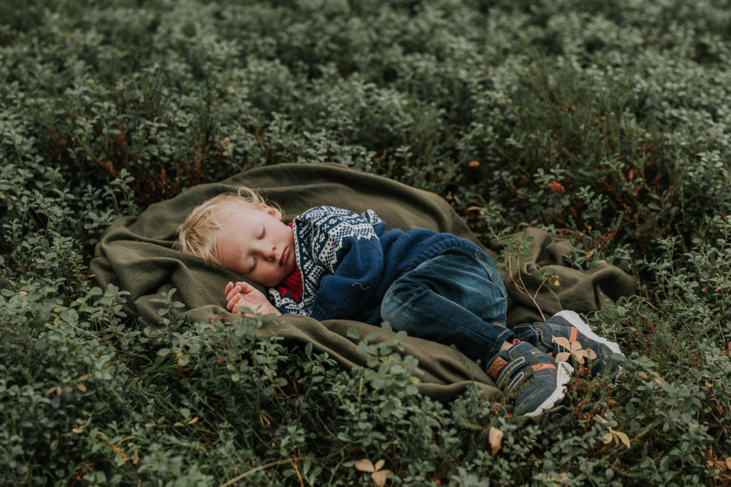 en søt treåring sover på en lund i skogen - barnefotografering TS Foto Design