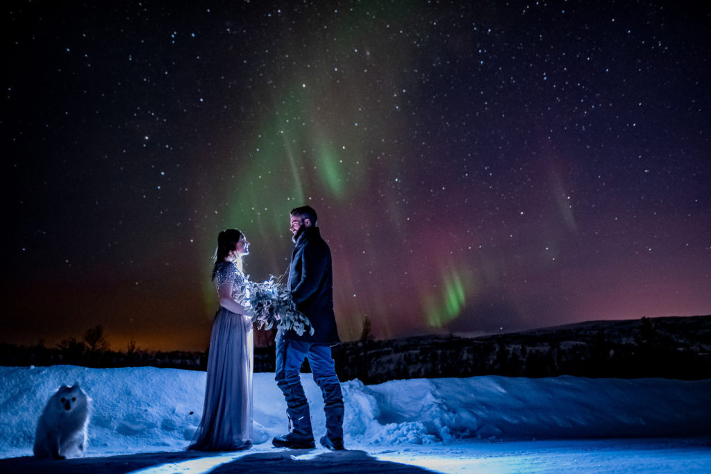 Northern lights elopement and Aurora Borealis wedding in Norway