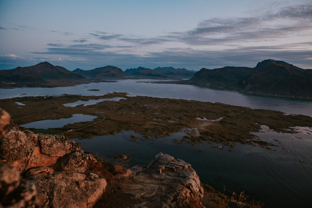 Amazing mountain views and the sunset from a summit in Lofoten, Norway