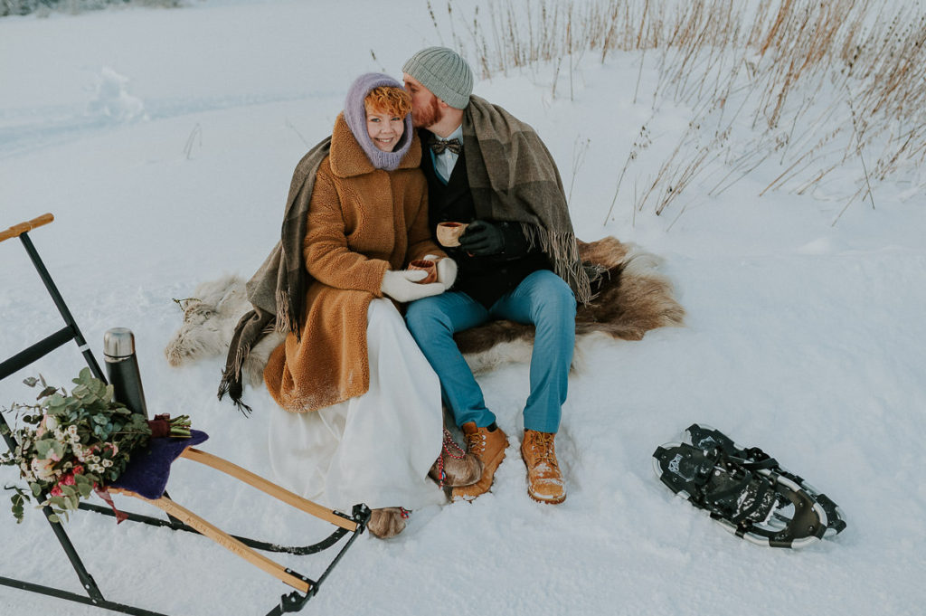 Winter elopement picnic ideas with nordic and sami theme in Northern Norway