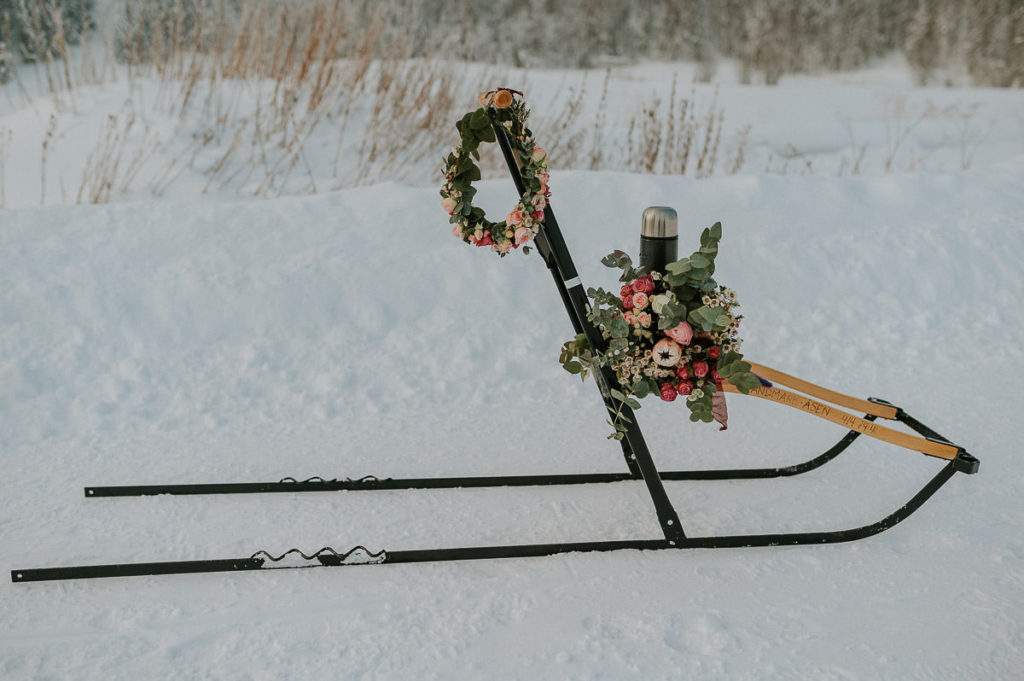 Elopement decorated kicksled as a transport for a winter elopement in Norway and Scandinavia