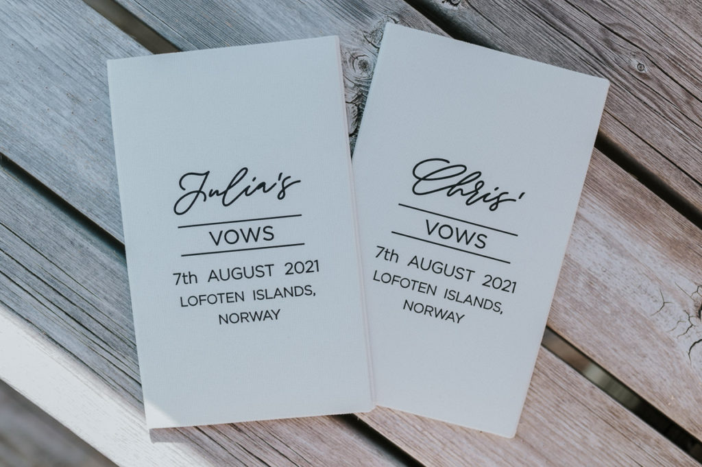 Wedding vow books for an outdoor wedding in Lofoten