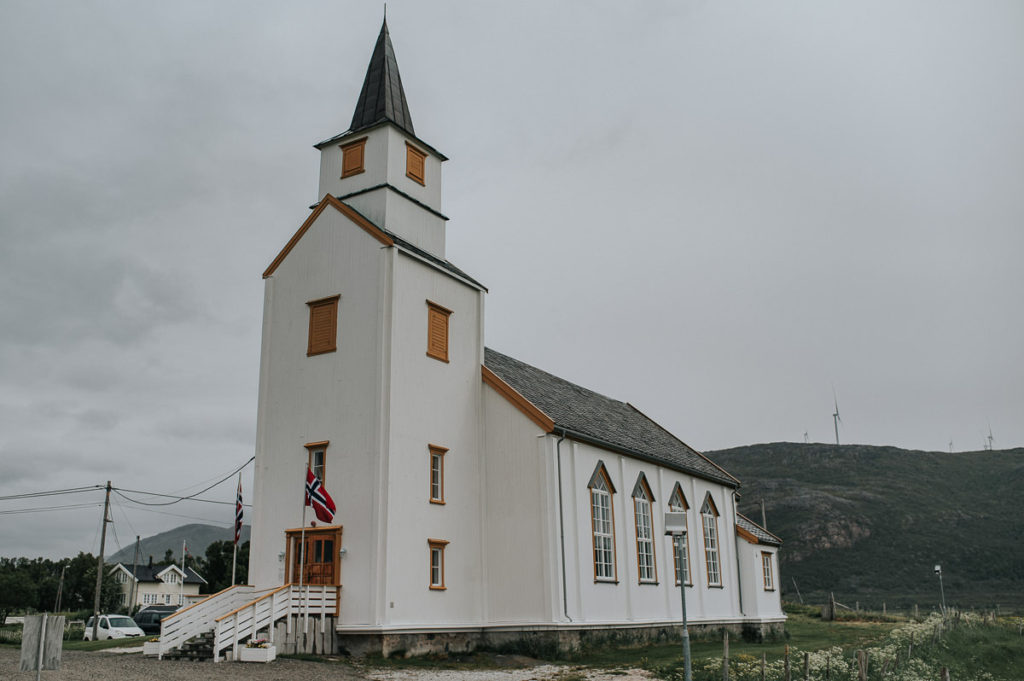 Hillesøy church in Sommarøy near Tromsø on a rainy summer day before the wedding ceremony