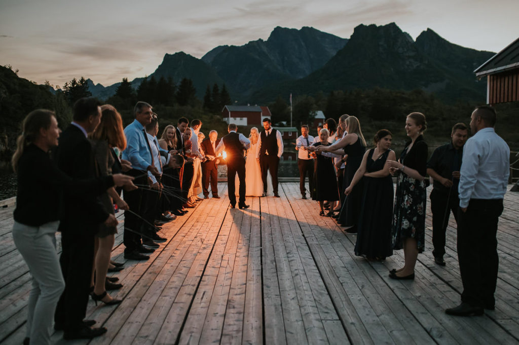 Sparkler exit on a wedding day in Lofoten Norway