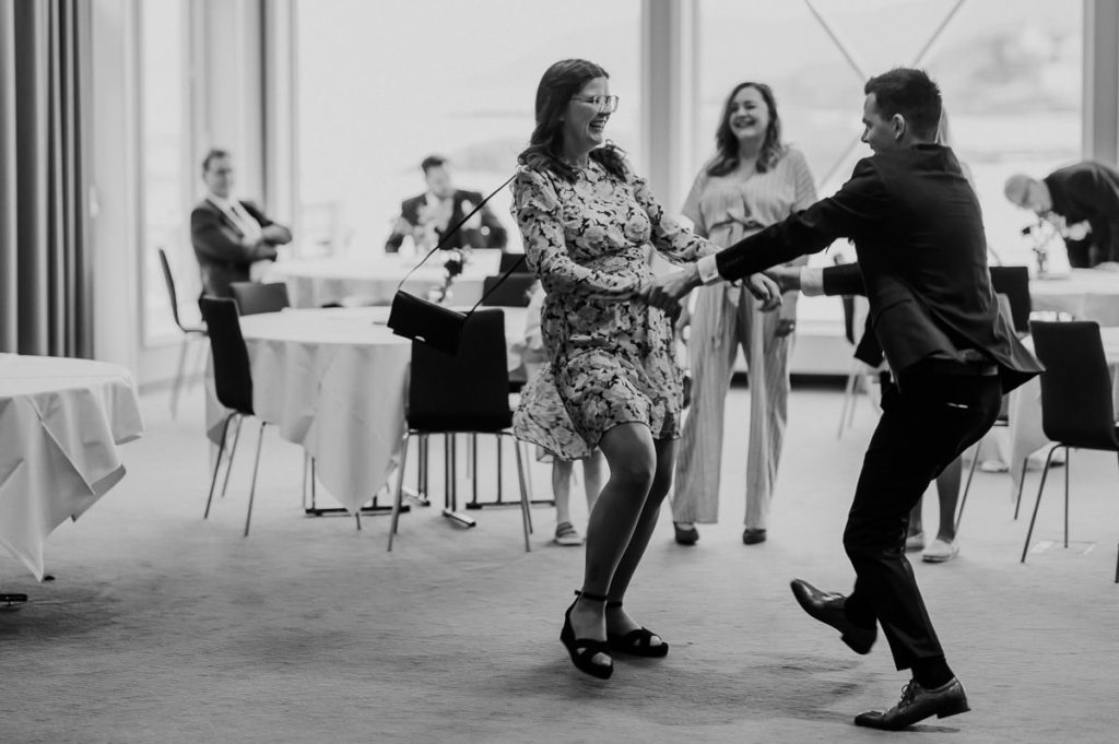 Nice moments from a wedding party in Tromsø - the groom is dancing with one of the guests