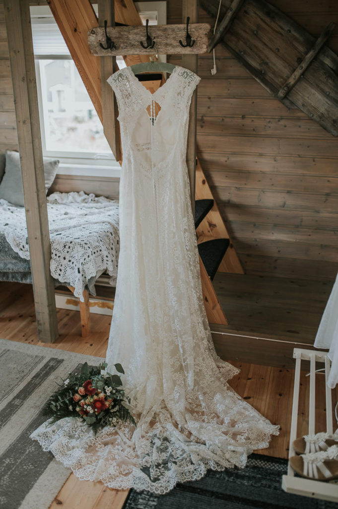 Bohemian style lace dress, bouquet and shoes