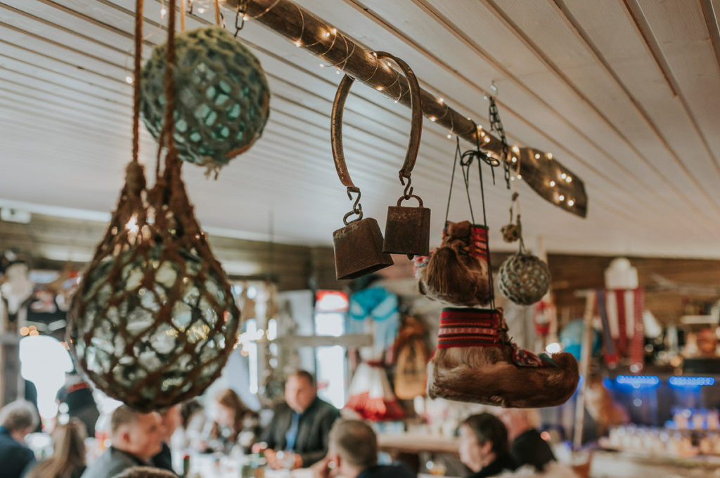 Rustic decorations in a cabin styled wedding reception in Norway
