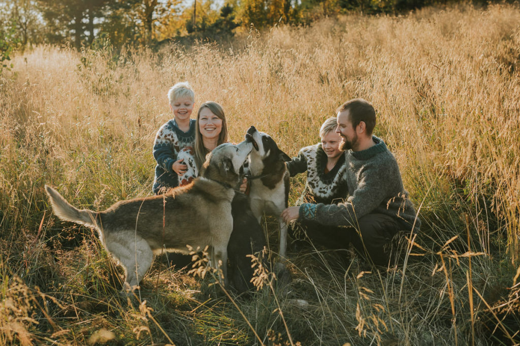 Familiefotografering sammen med hunder på en nydelig høstdag utenfor Alta i Finnmark. Familien er samlet på sin hytte og koser seg ute i naturen