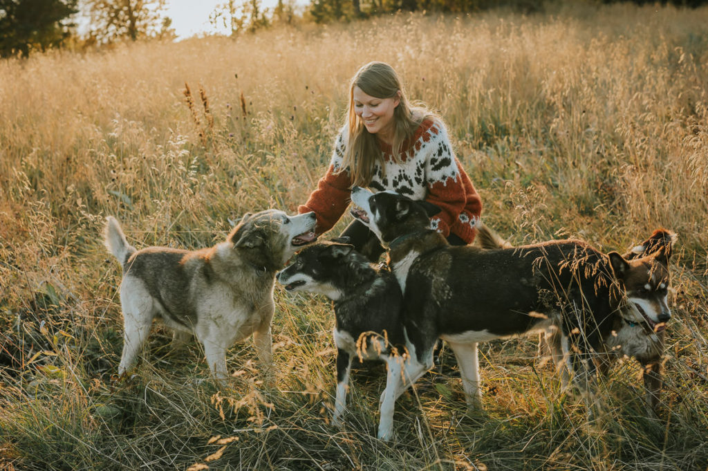 Portrettfoto av en ung dame sammen med fire husky hunder