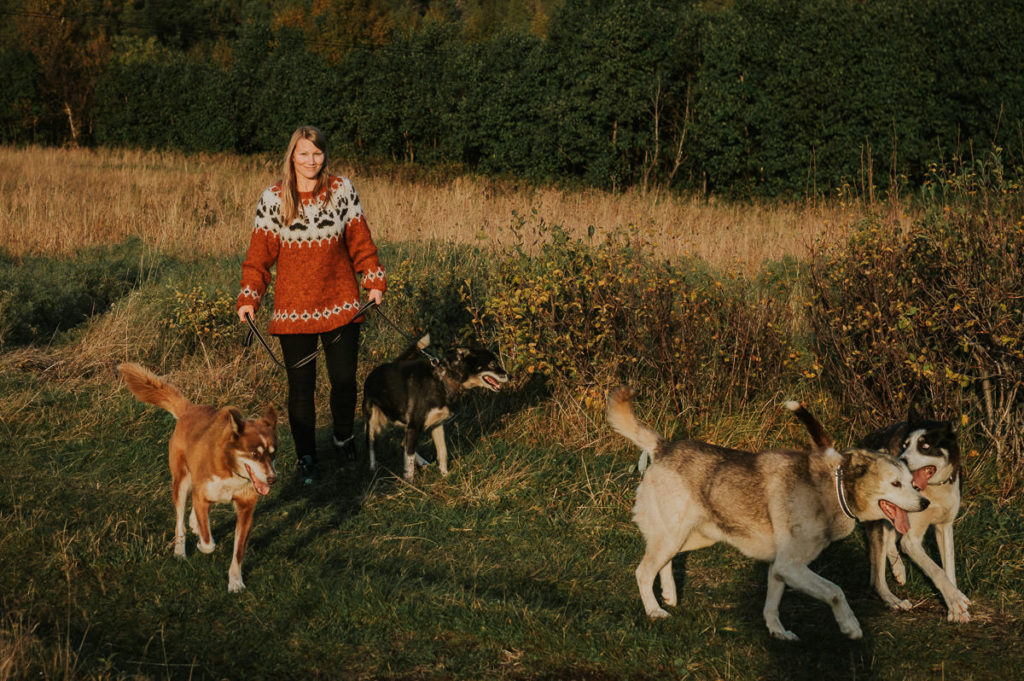 En ung dame spaserer med en hundeflokk på fire ute i fint natur