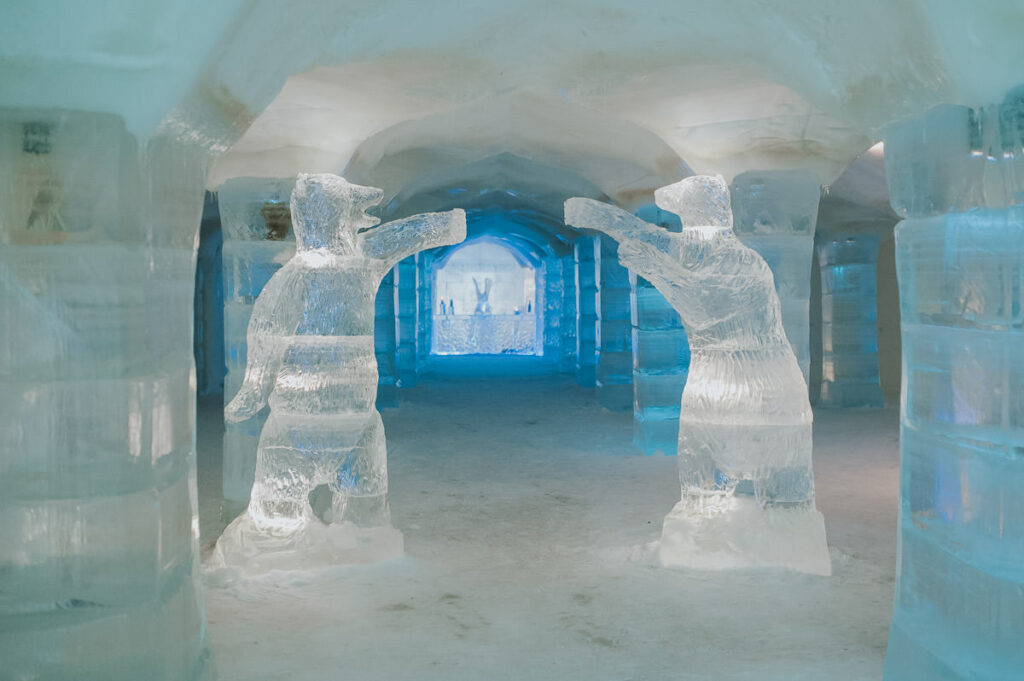 Two bears made of ice welcoming you into igloo hotel Sorrisniva in Alta Norway
