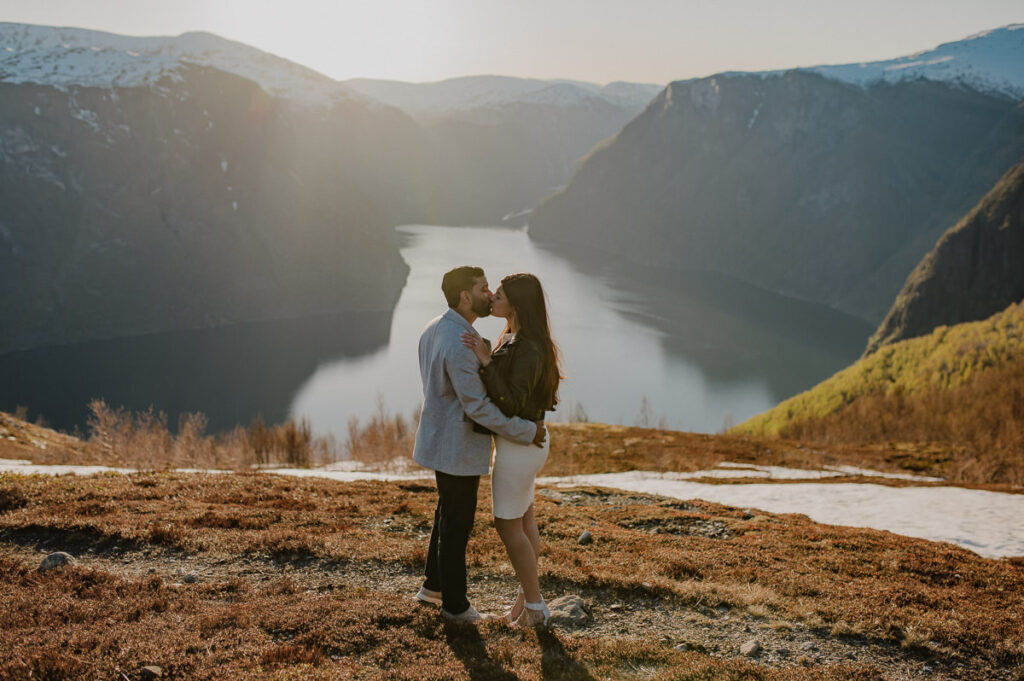 Adventure engagement photo session in the mountains of Aurland by the fjords in Norway