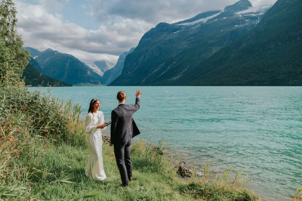 Intimate elopement ceremony by the lake Lovatnet in Loen, Western Norway