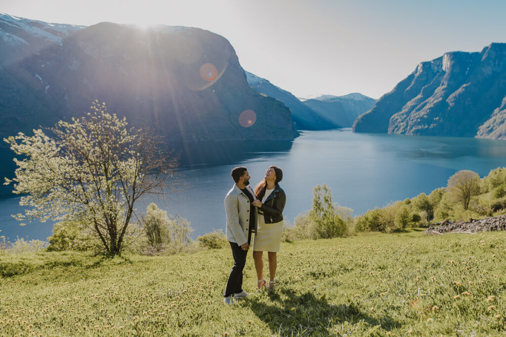 She said yes! A guy just proposed to his girlfriend in Aurland, Western Norway and they are both laughing and look happy