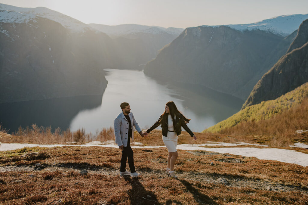 Adventure engagement photo session in the mountains of Aurland by the fjords in Norway