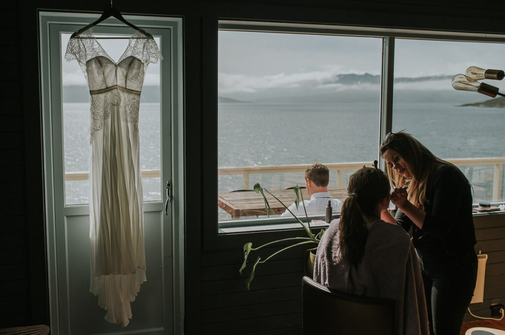 Bride getting ready for her elopement day near Tromsø