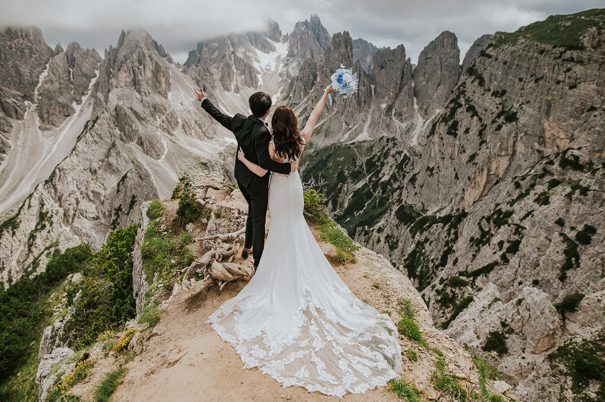 Pre-wedding photo session in the Italian Dolomites - Tre Cime di Lavaredo on a warm and sunny summer day