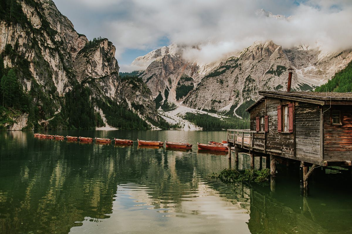 Iconic view of Lago di Braies in Italian Dolomites  in summertime