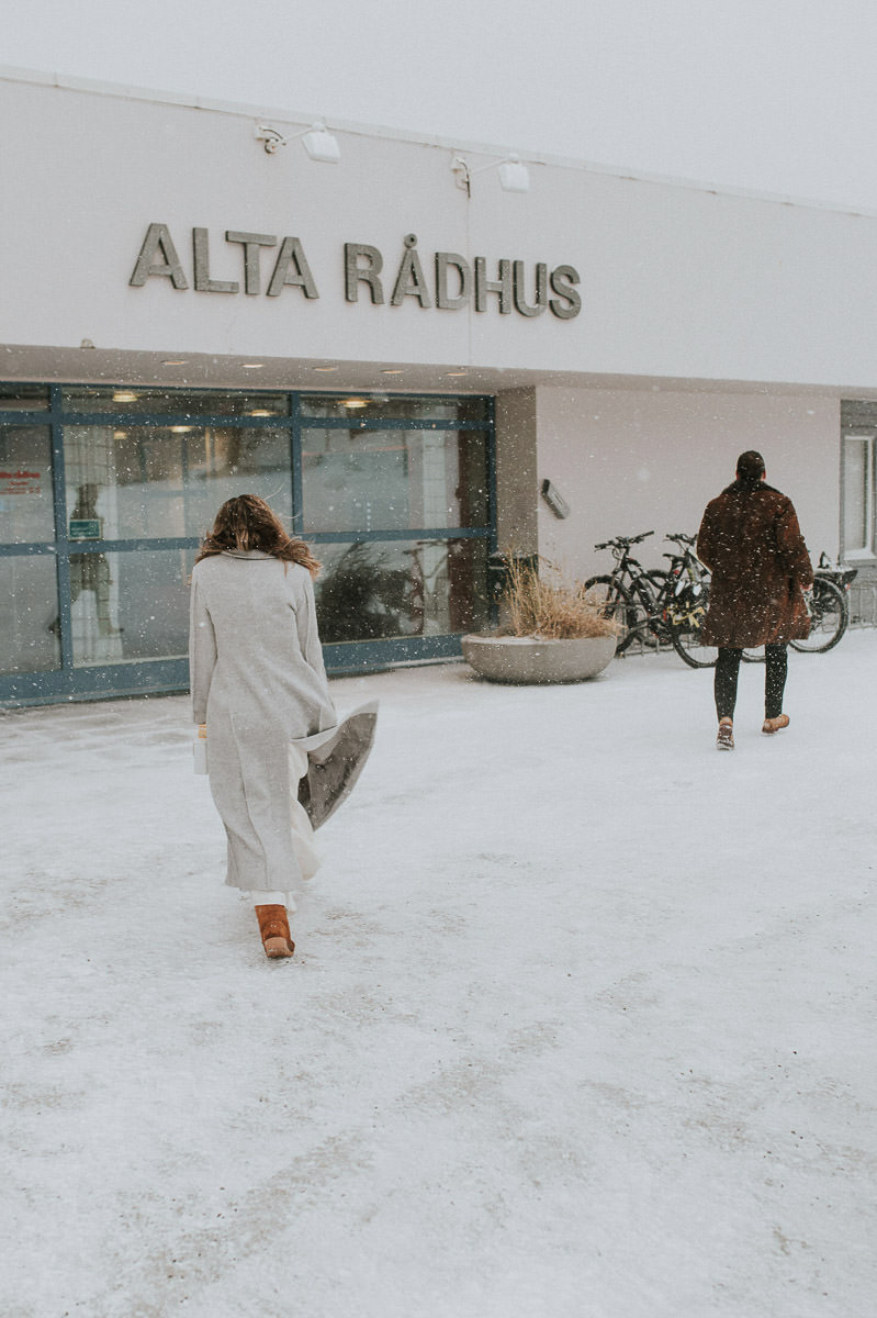 Winter storm in front of Alta rådhus city hall