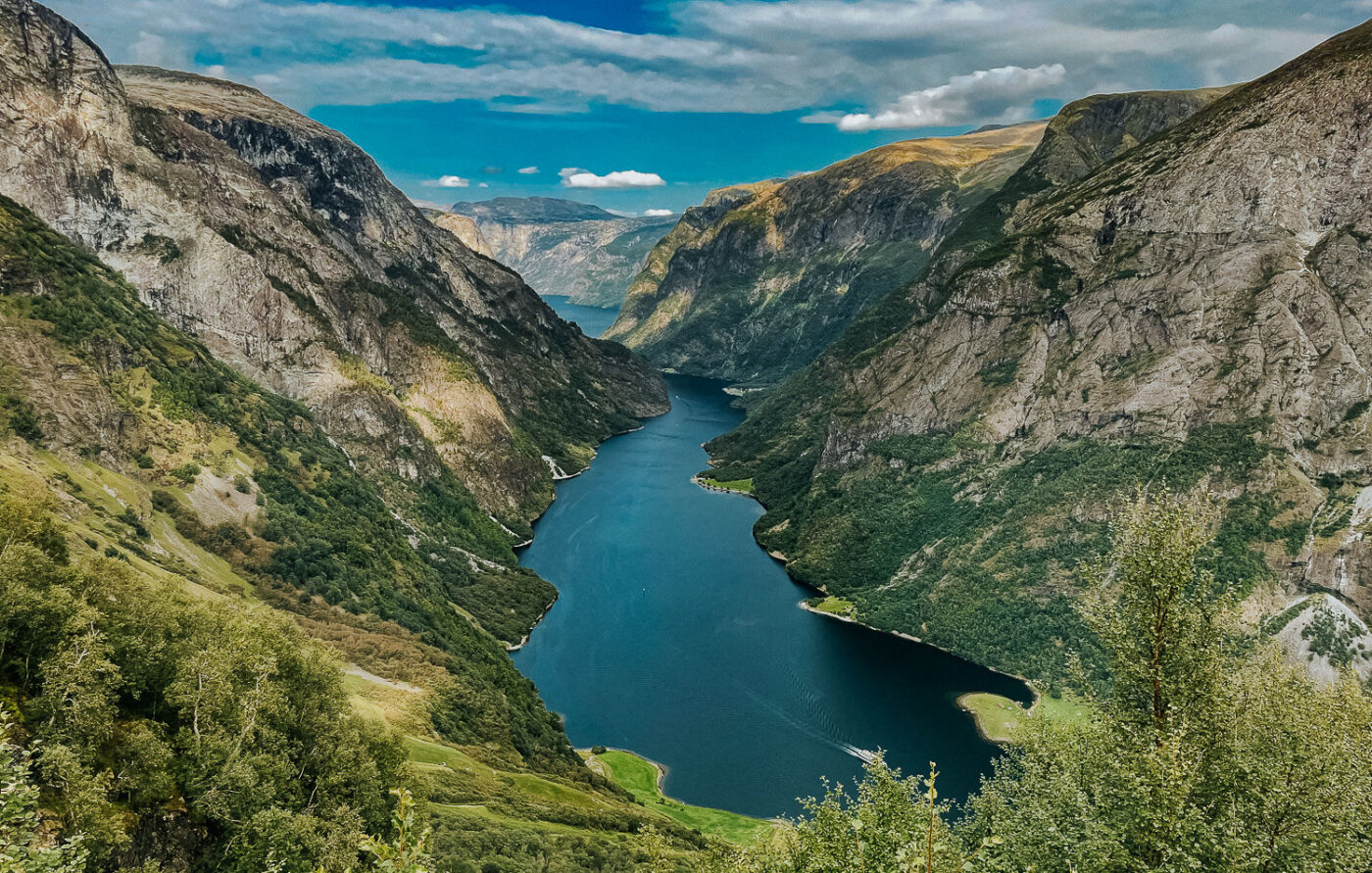 Stunning fjord view from a mountaintop Rimstigen overlooking Nærøyfjord in Western Norway - perfect backdrop for a fjord elopement  in Norway 