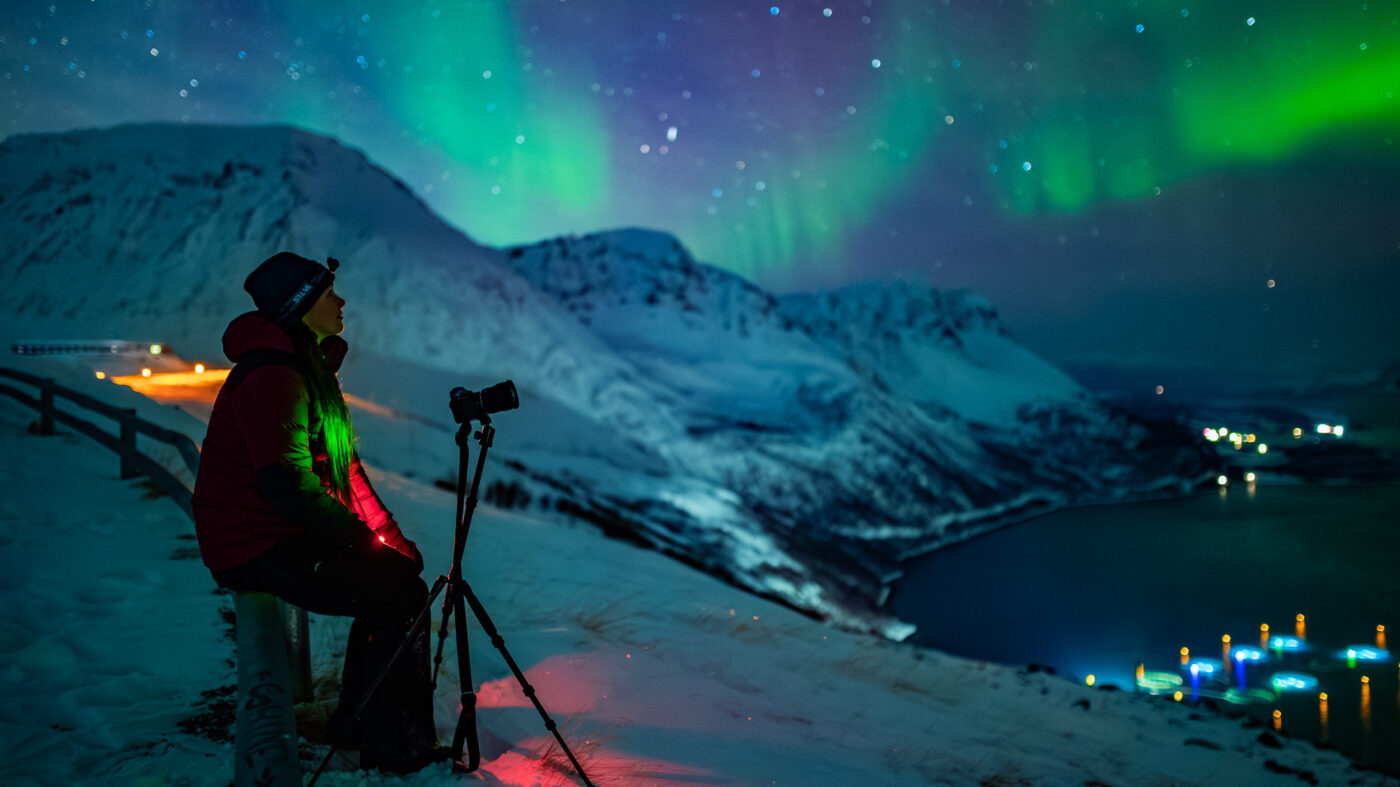 Adventure northern lights photographer TS Foto Design capturing aurora borealis in Northern Norway 