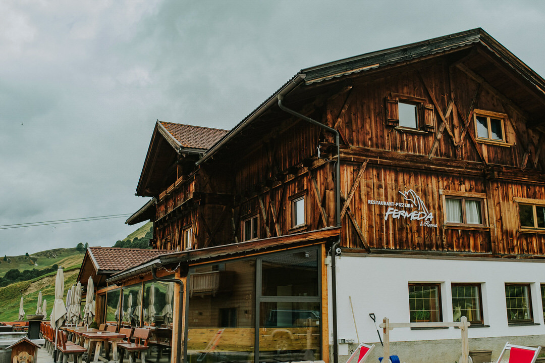 Rifugio Fermeda in the Italian Dolomites on a sunny september day - hiking to Seceda mountaintop