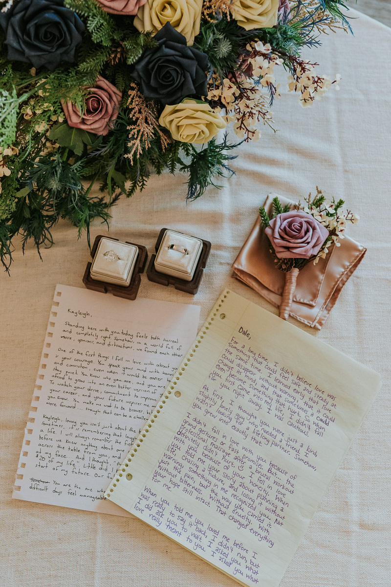 Wedding stationery and vows with flowers in purple and deep blue tones 