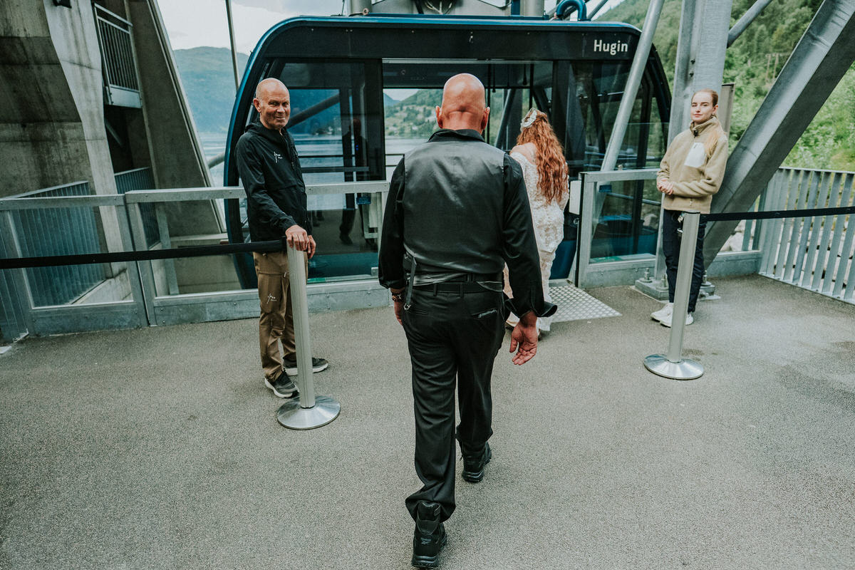 Bride and groom entering Gondola at Loen skylift on the day of their Norway elopement