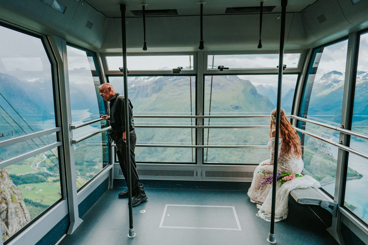 Bride and groom in the Gondola at Loen skylift on the day of their Norway elopement