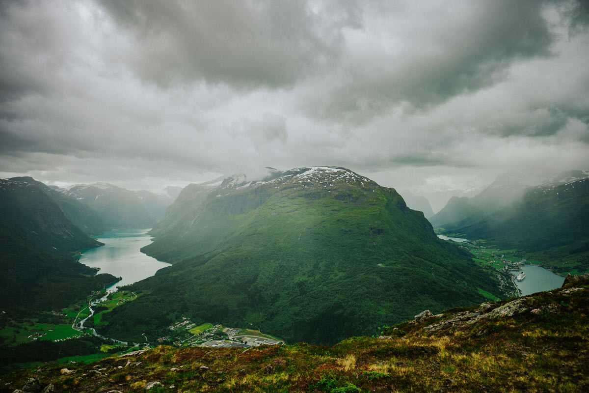 Mountain top view on a rainy day in Loen Western Norway