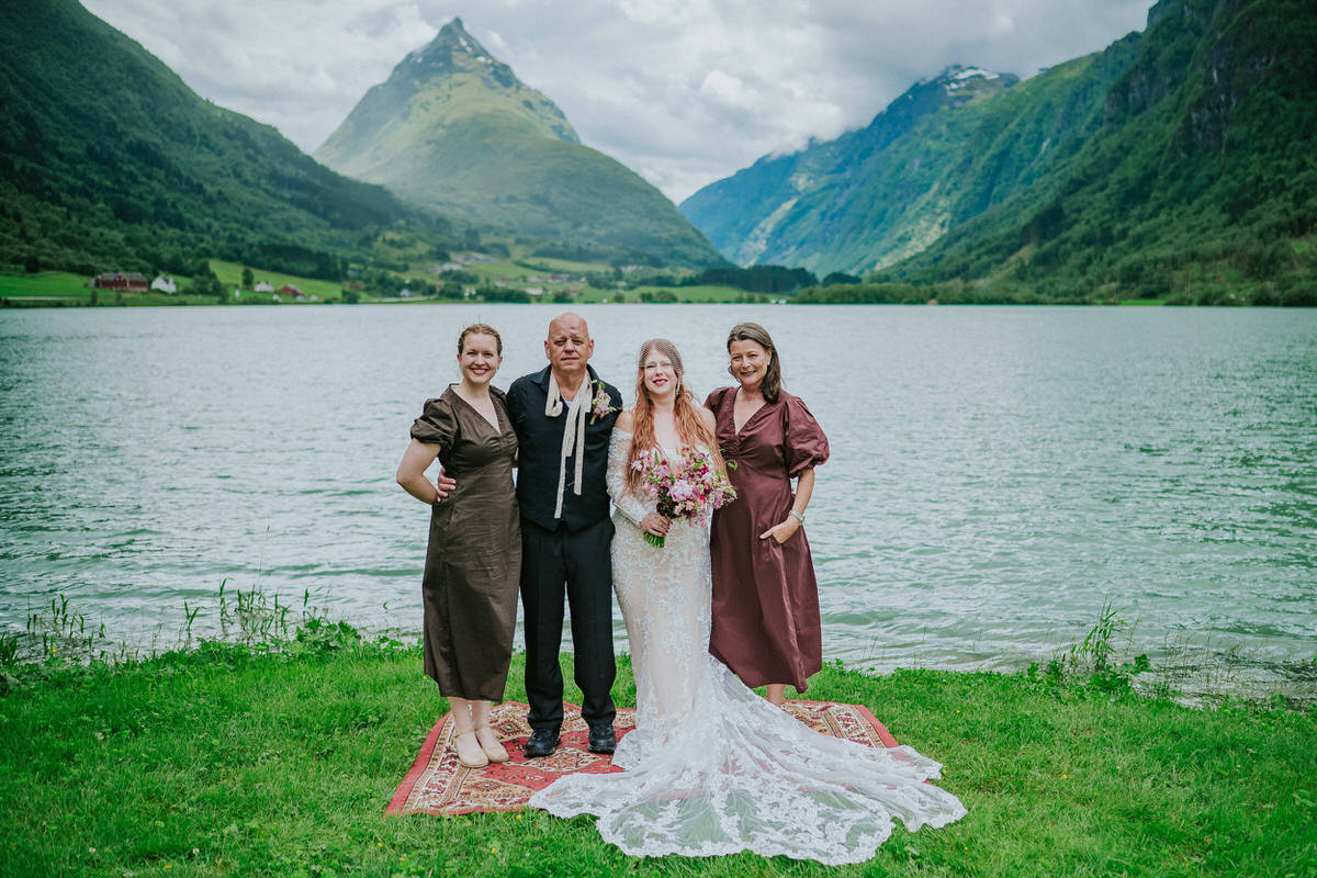 Bride and groom portraits outside in front of Mt. Eggenipa in Byrkjelo Western Norway