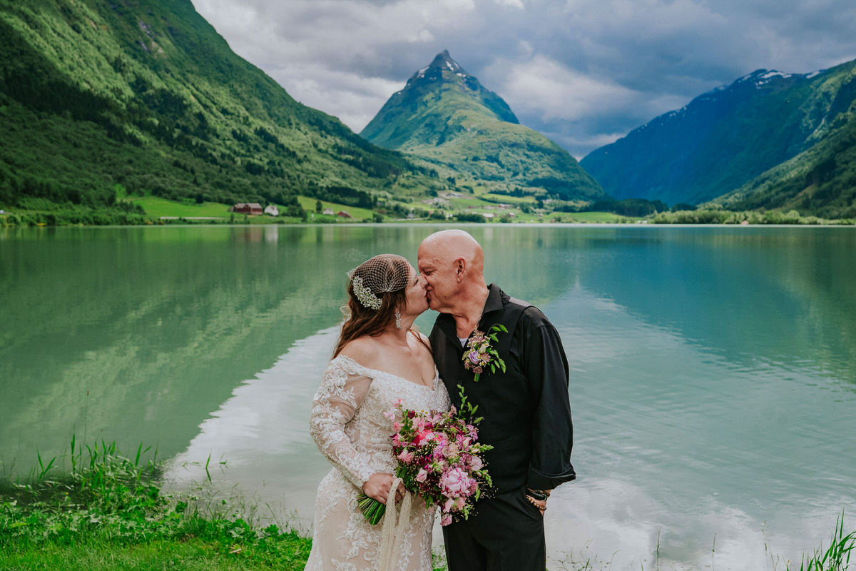 Bride and groom portraits outside in front of Mt. Eggenipa in Byrkjelo Western Norway