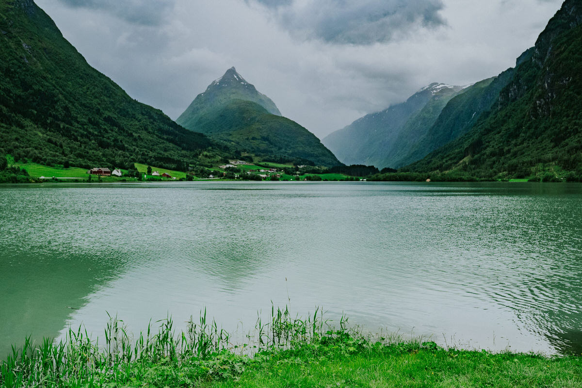 Lake view towards Mt. Eggenipa in Byrkjelo Western Norway