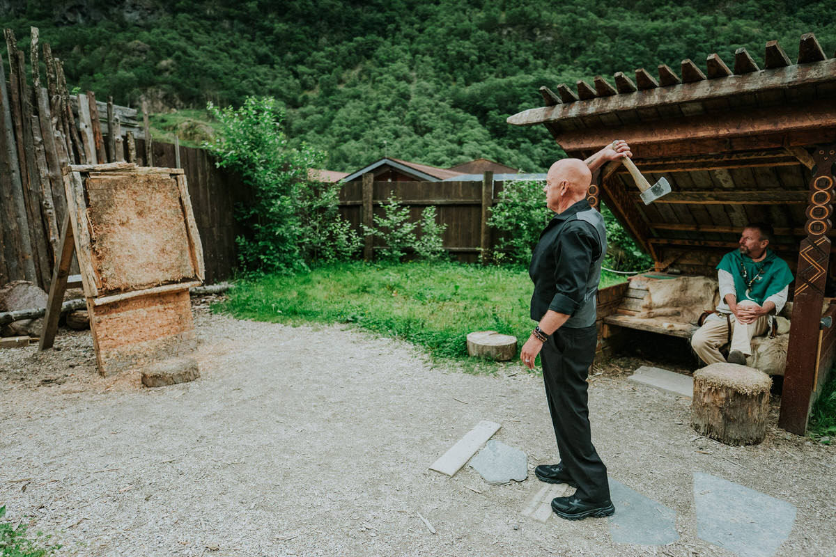 Groom throwing axe in Gudvangen viking village