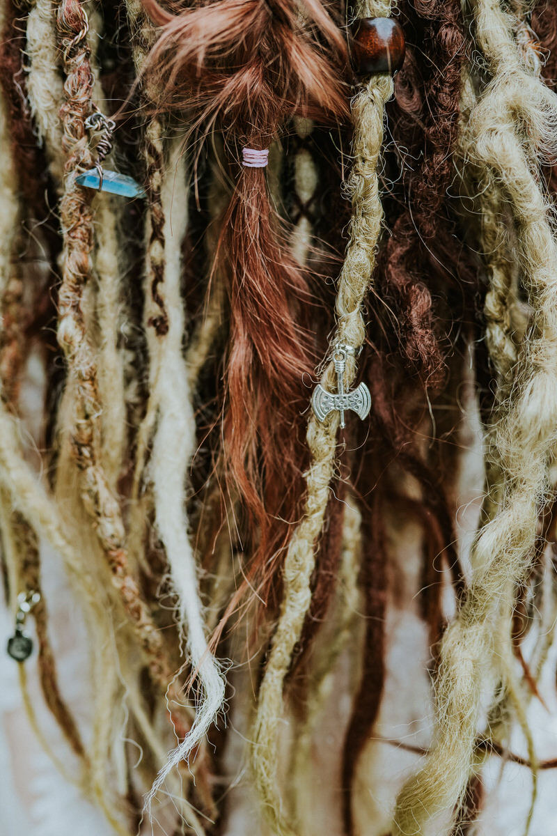 Viking braids decorated with crystals and thor´s hammer